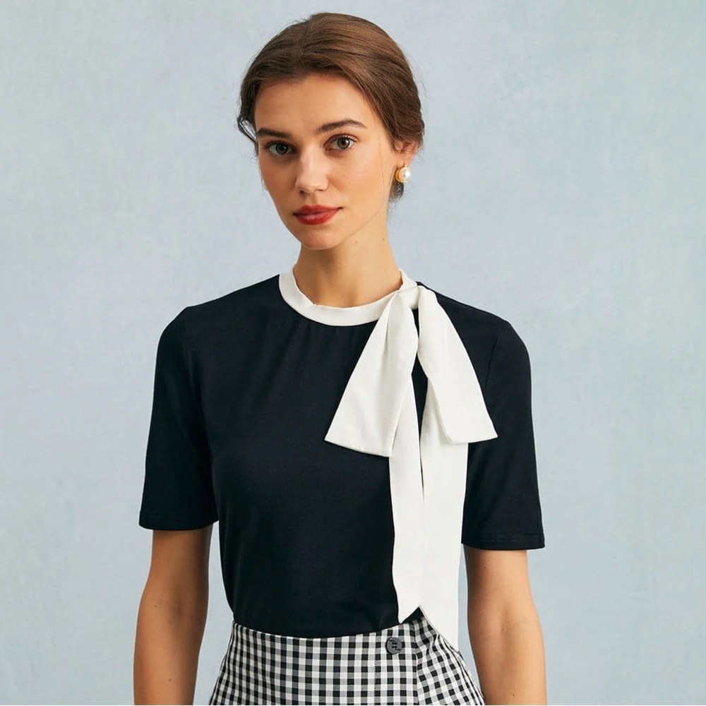 RIHOAS The Black Round Neck Colorblock Bowknot Top S